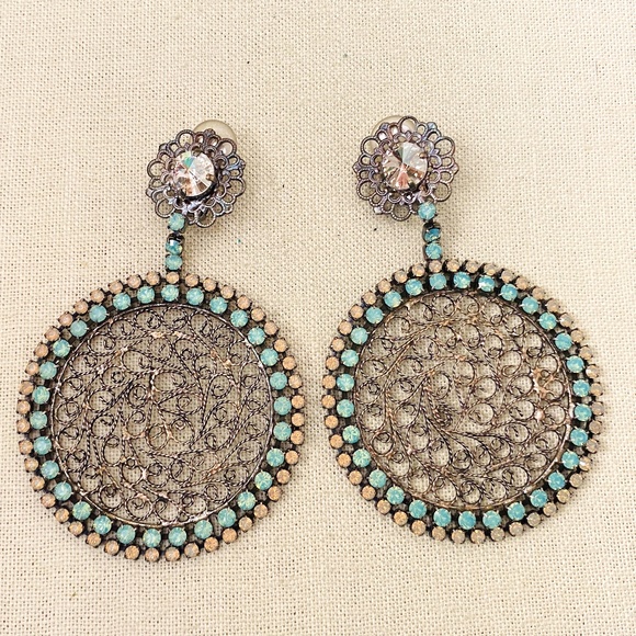 Vintage 1980's NIKOLAS FRANGOS Filigree Rhinestone OVERSIZED Clip On Earrings 4" - Picture 2 of 14